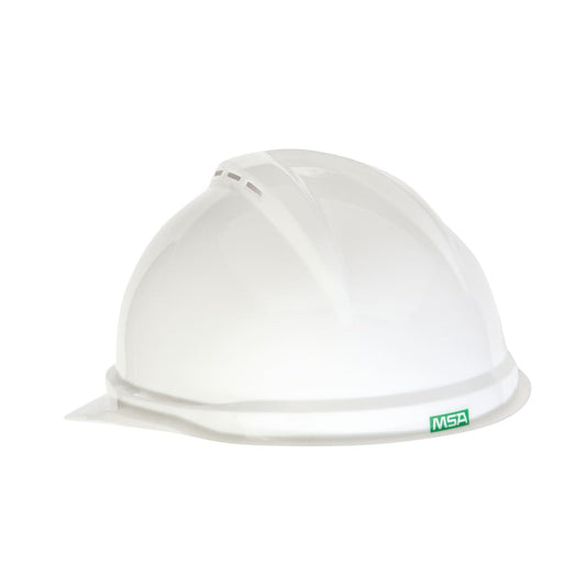 MSA Advance V-guard Hardhat - Vented, 6 Pt Fas-trac Ratchet Suspension, White With Unitech Logo Imprinted On Front Of...