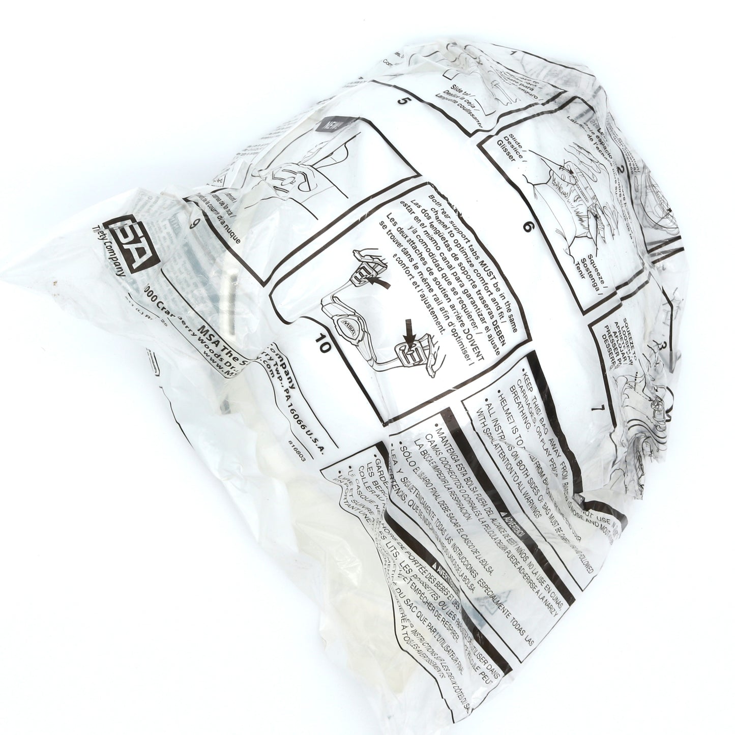 Wrinkled paper bag with printed text and graphics on a white background