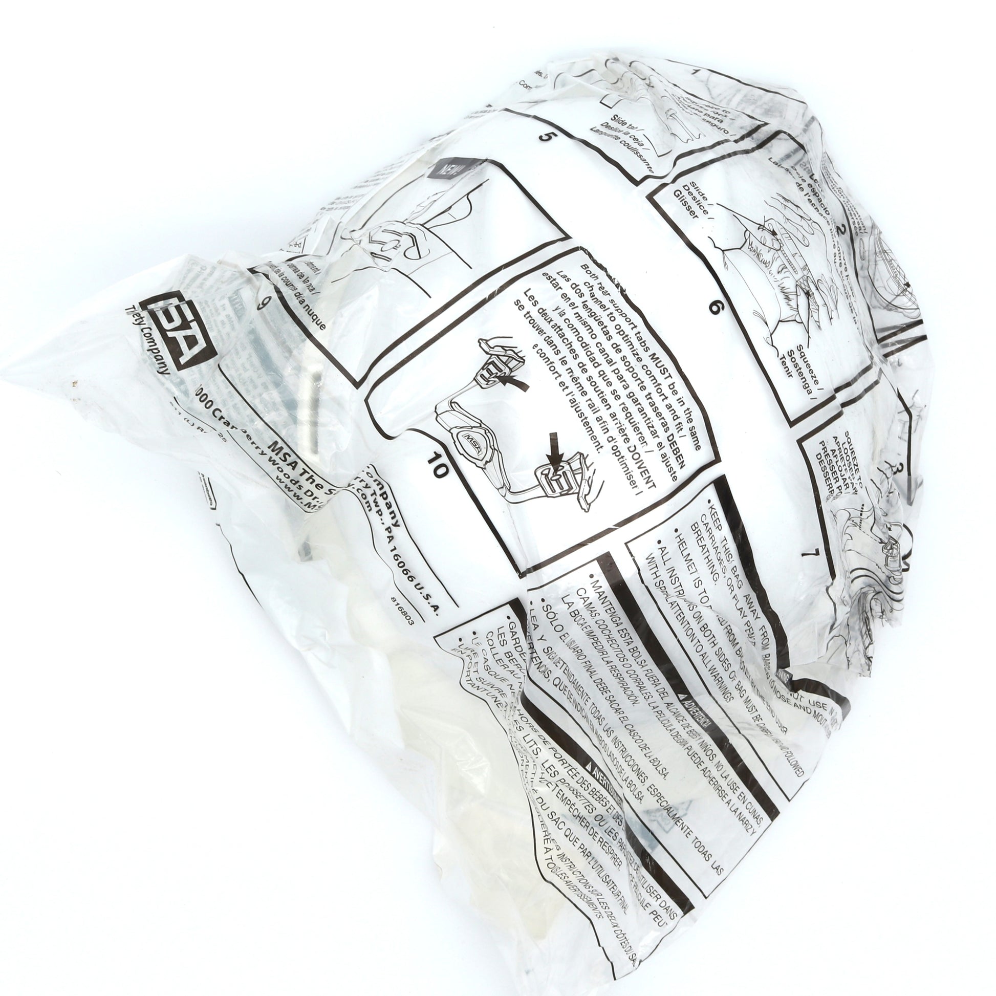 Wrinkled paper bag with printed text and graphics on a white background