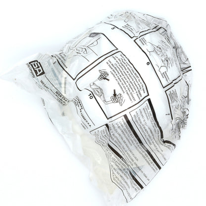 Wrinkled paper bag with printed text and graphics on a white background