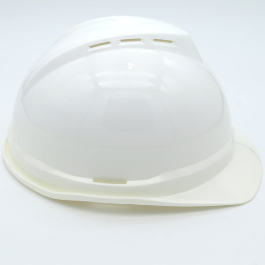 White plastic hard hat on a white background