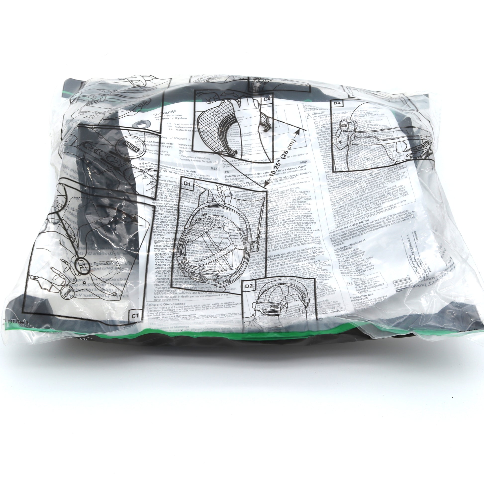 Clear plastic bag with black and white printed design on a white background