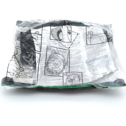 Clear plastic bag with black and white printed design on a white background