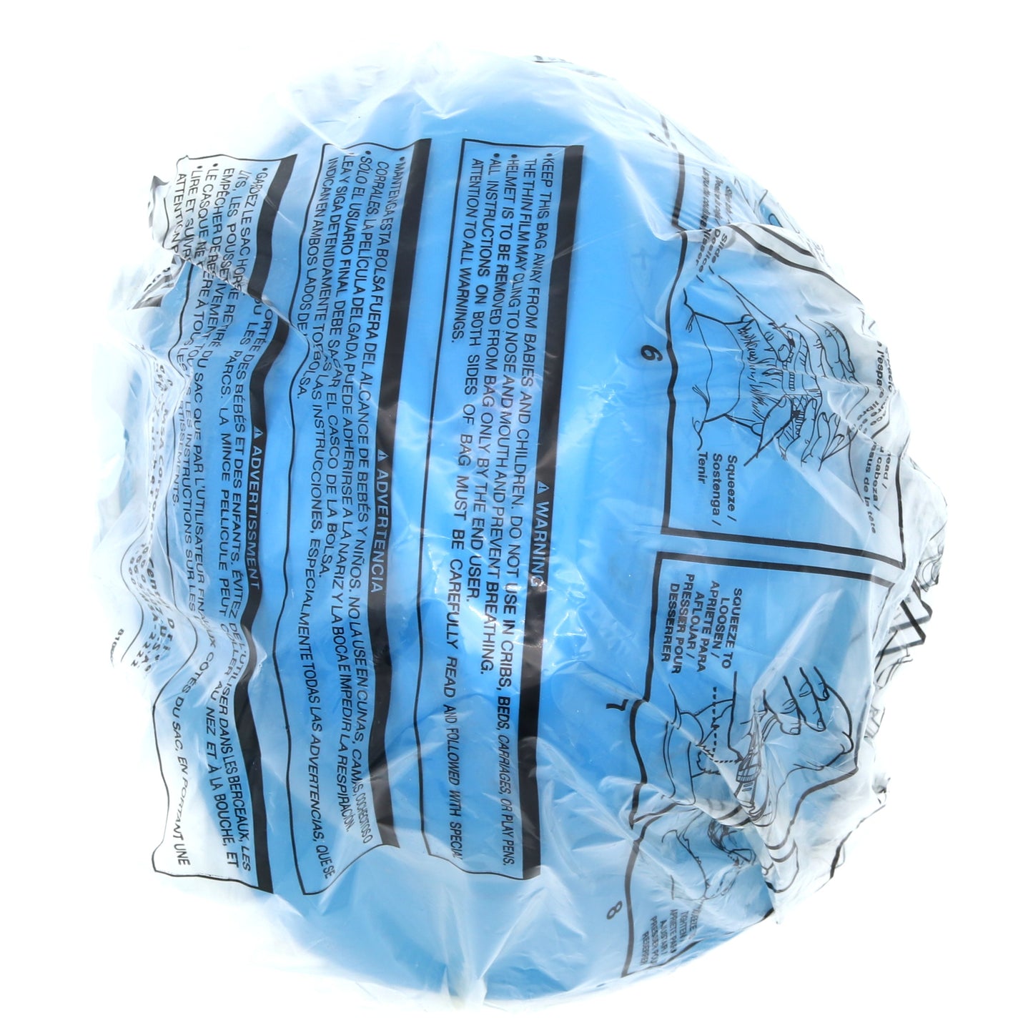 Close-up of a blue plastic bag with text and graphics on a white background