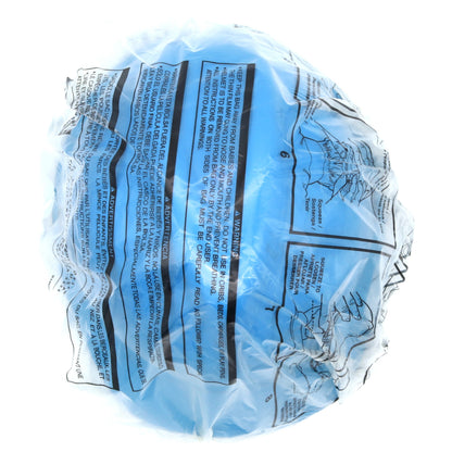 Close-up of a blue plastic bag with text and graphics on a white background