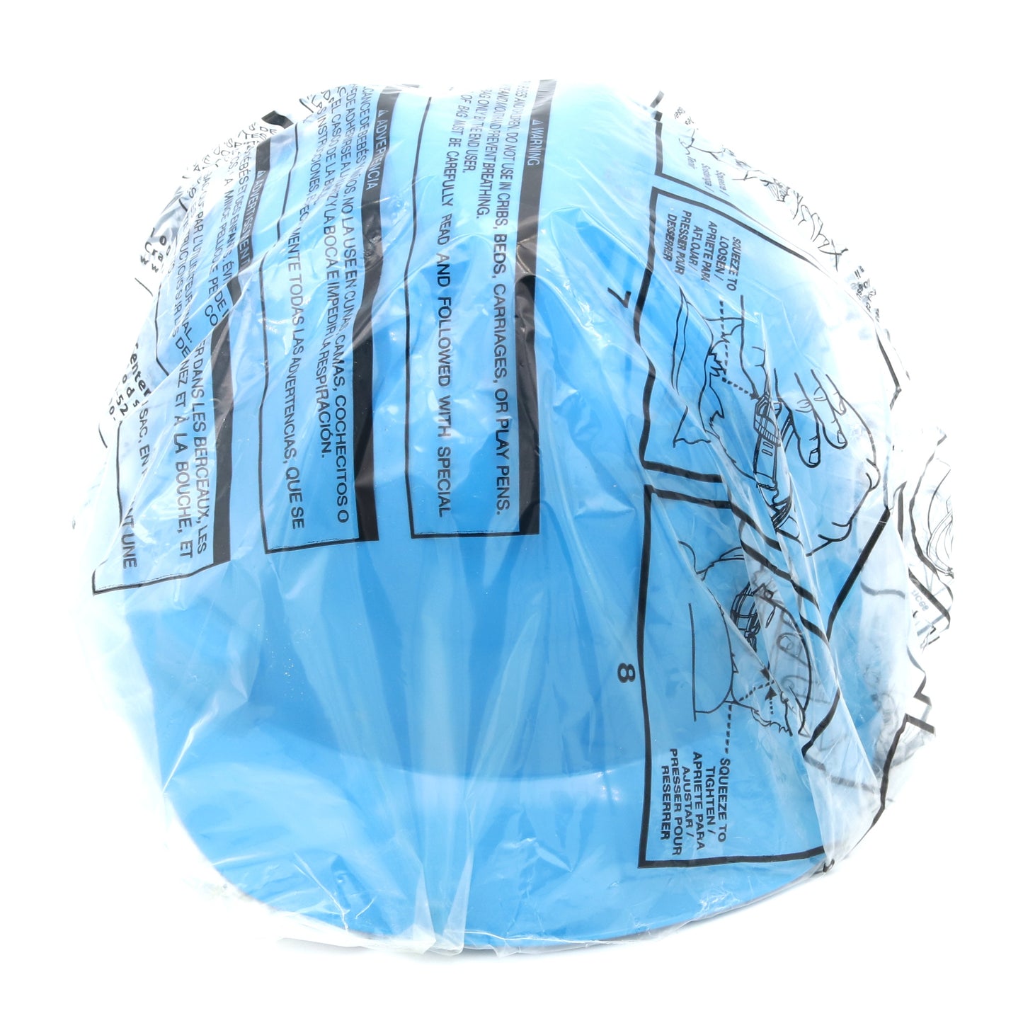 Blue plastic bag with printed text and graphics on a white background