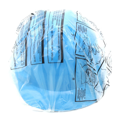 Blue plastic bag with printed text and graphics on a white background