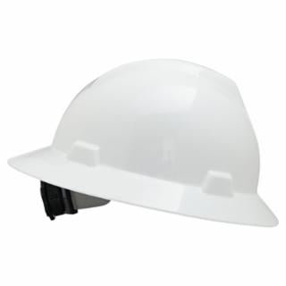 White hard hat with a black visor on a white background