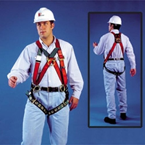 Person wearing a full-body safety harness with a helmet on a blue background