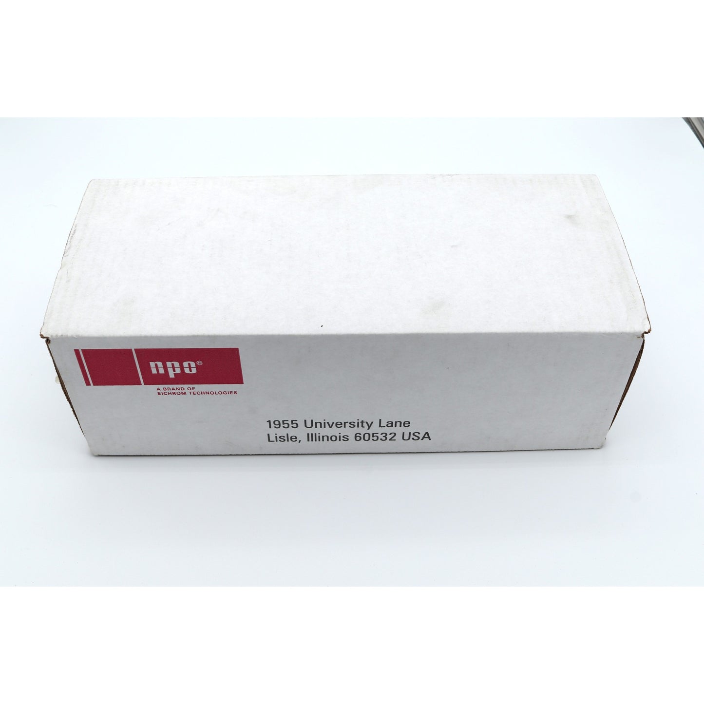 White box with a red logo and text on a white background