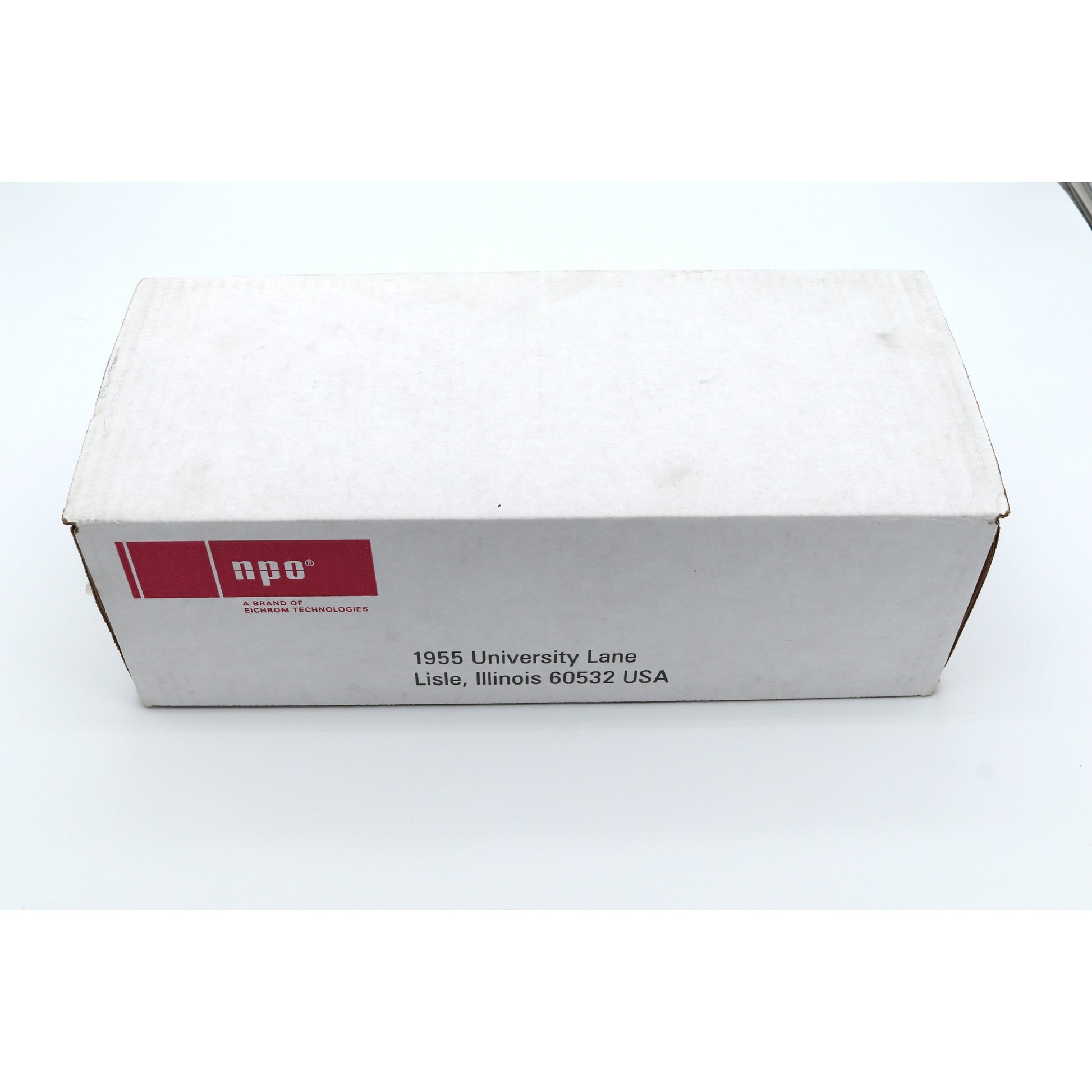 White box with a red logo and text on a white background