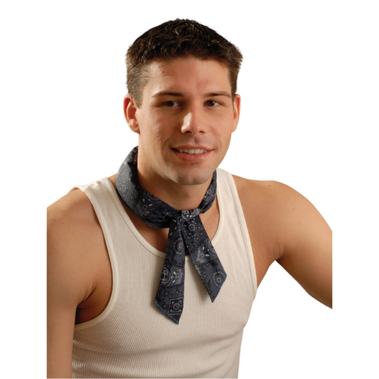 Man wearing a beige tank top with a patterned bandana around his neck on a white background
