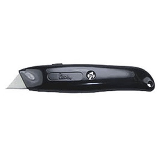 Black utility knife with a retractable blade on a white background