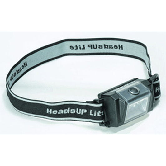 Headlamp with 'HeadsUP Lite' branding on a white background