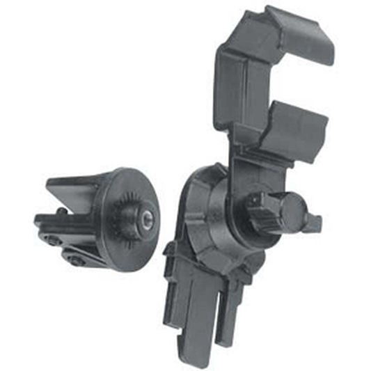 Black plastic component on a white background