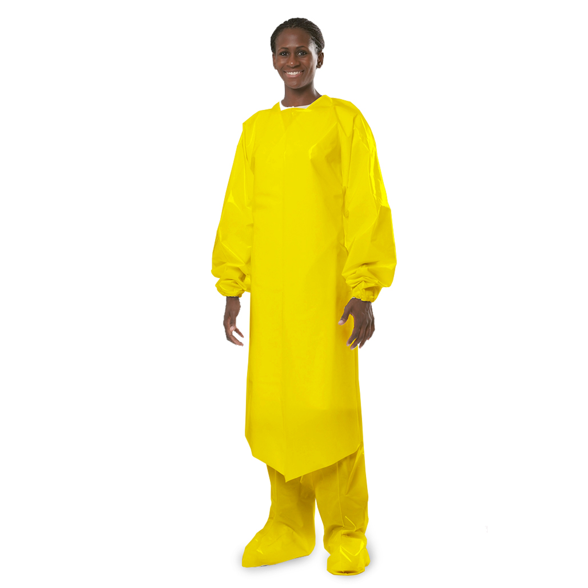 Person wearing a yellow protective gown on a white background