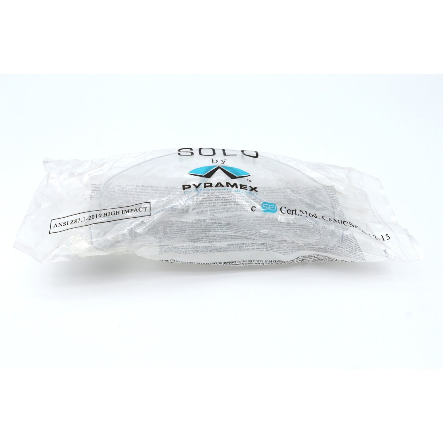 White safety glasses with 'Solo by Pyramex' branding on a white background