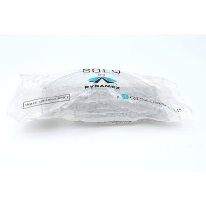 White safety glasses with 'Solo by Pyramex' branding on a white background