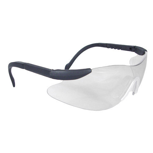 White safety glasses with black frame on a white background