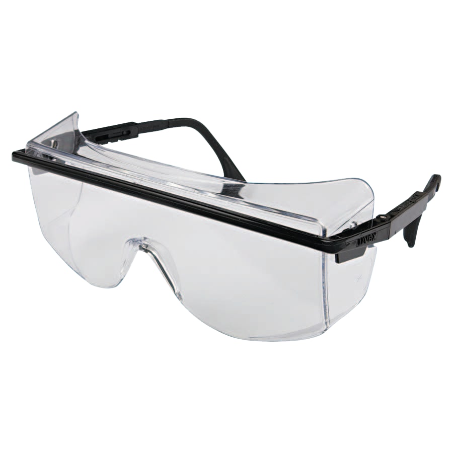 Clear safety goggles with black frames on a white background