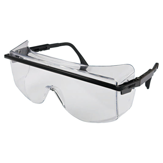 Clear safety goggles with black frames on a white background