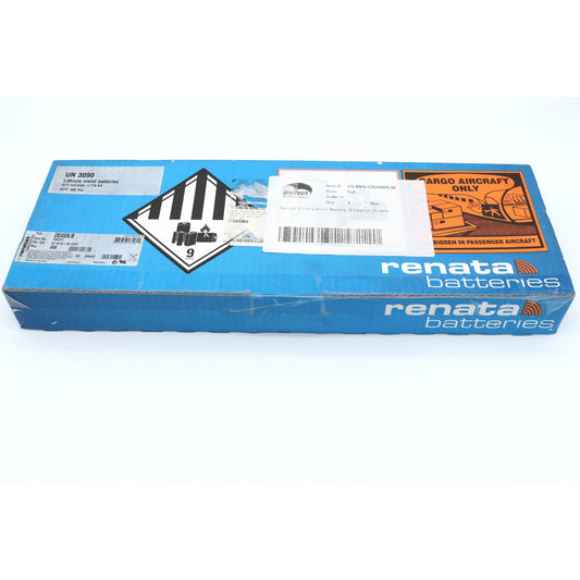 Box of Renata batteries with warning labels on a white background