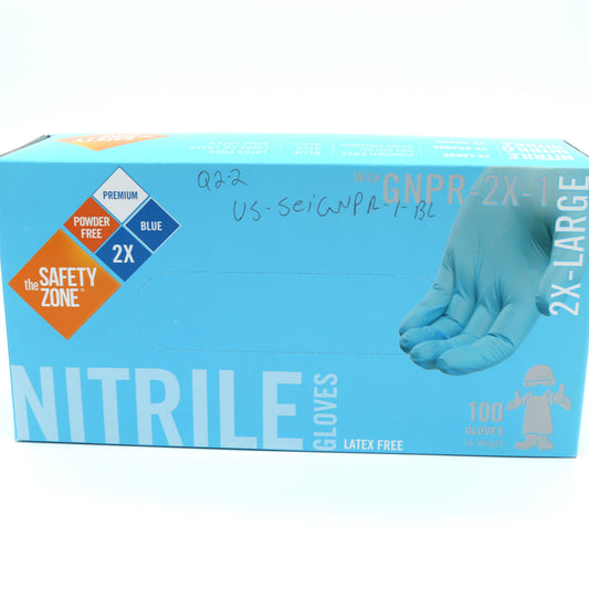 Box of blue nitrile gloves with 'The Safety Zone' branding on a white background