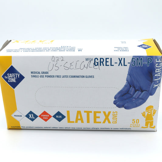 Box of Safety Zone latex gloves with blue glove illustration on a white background