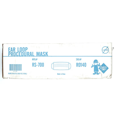Box of ear loop procedural masks with branding and product details on a white background