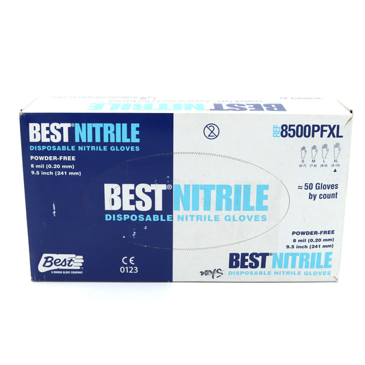 Box of Best Nitrile disposable nitrile gloves on a white background