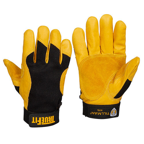 Pair of yellow and black gloves with 'RuffIt' branding on a white background