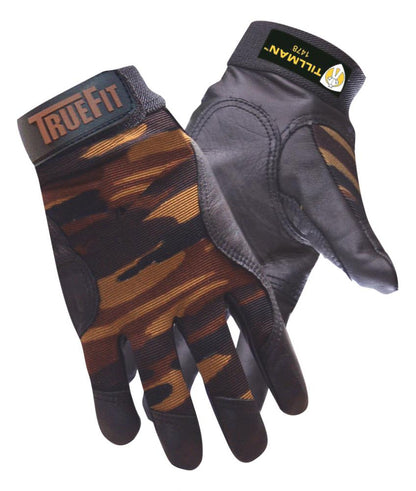 Pair of camouflage gloves with 'True Fit' and 'Tillman' branding on a white background