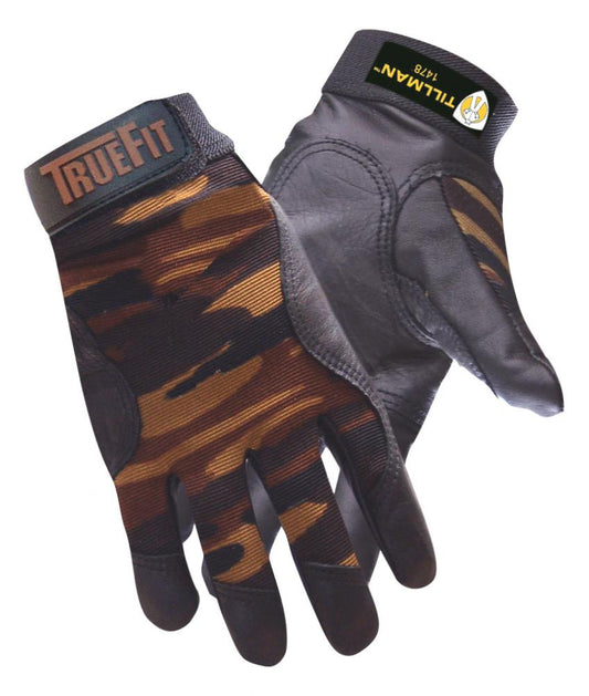 Pair of camouflage gloves with 'True Fit' and 'Tillman' branding on a white background