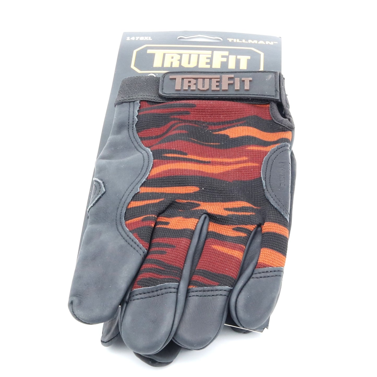 Gray and orange camouflage glove with 'TrueFit' branding on a white background
