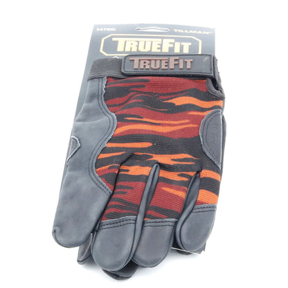 Gray and orange camouflage glove with 'TrueFit' branding on a white background