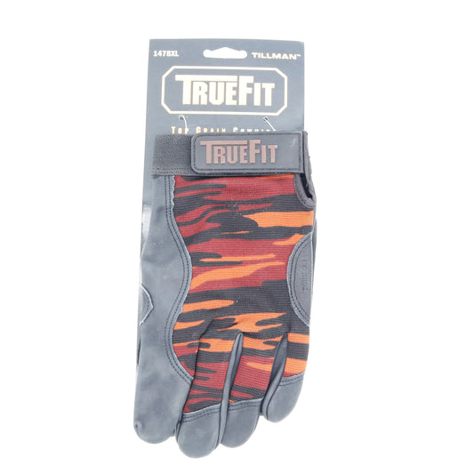 Camouflage glove on a white background with 'True Fit' branding.