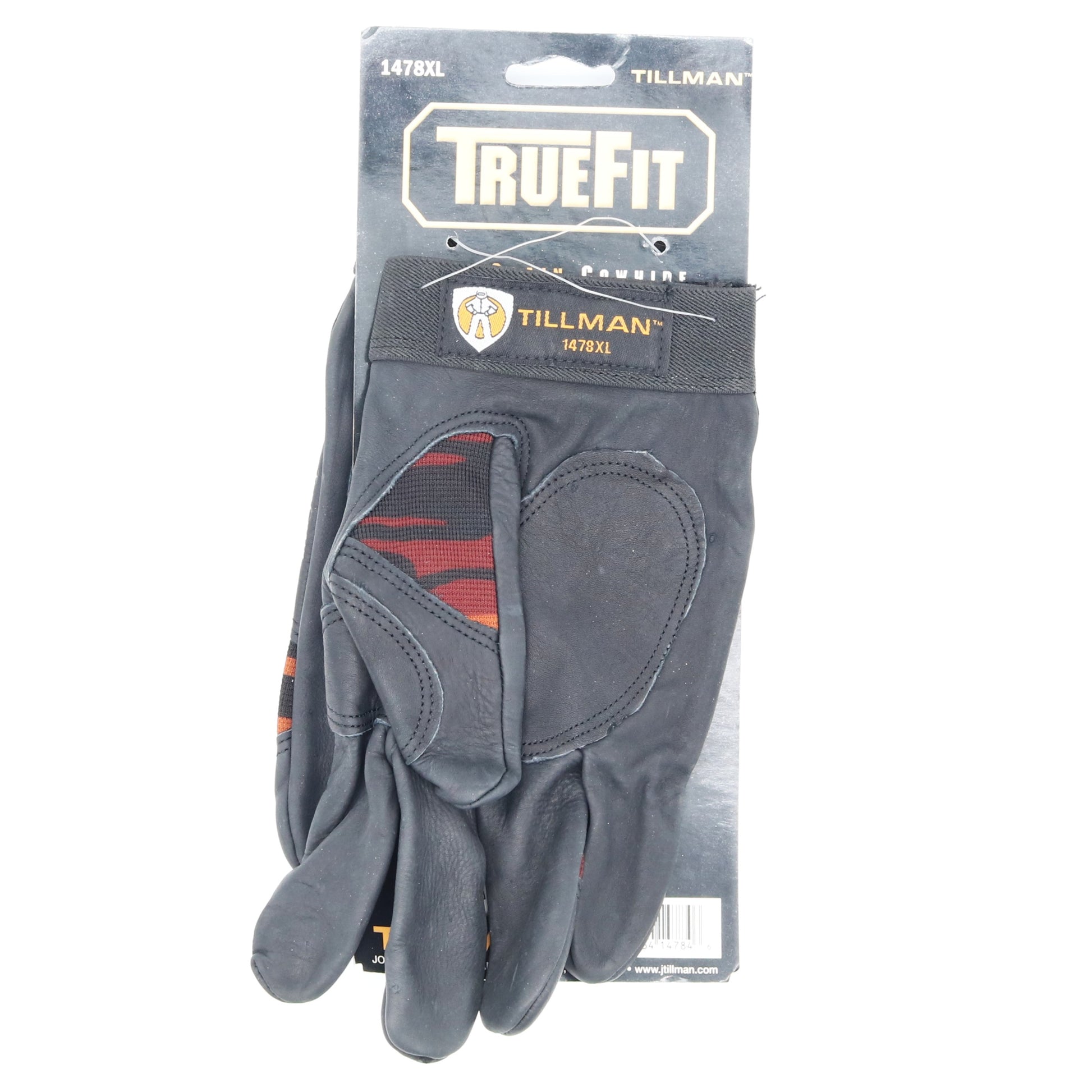 Gray work glove with red accents on a Tillman True Fit packaging