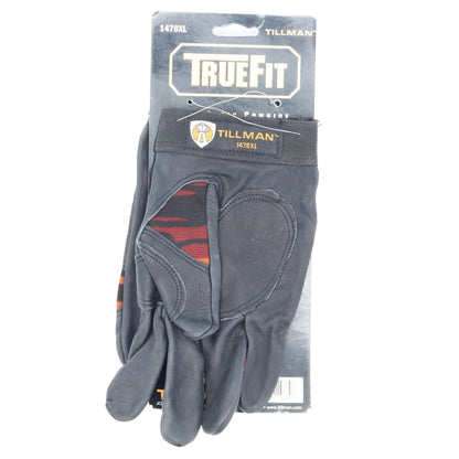 Gray work glove with red accents on a Tillman True Fit packaging