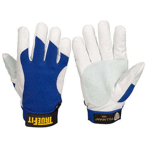 Pair of blue and white gloves with 'True Fit' and 'Tillman' branding on a white background