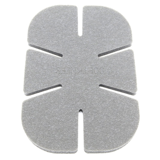Gray leaf-shaped mat with "Softknees" branding on a white background