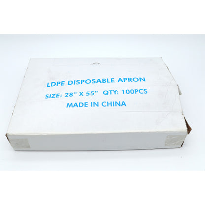 Box of LDPE disposable aprons with text on a white background