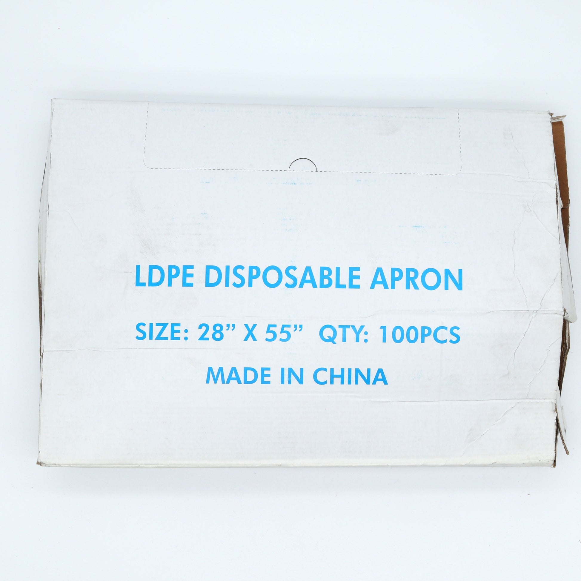 Box of LDPE disposable aprons with text on a white background
