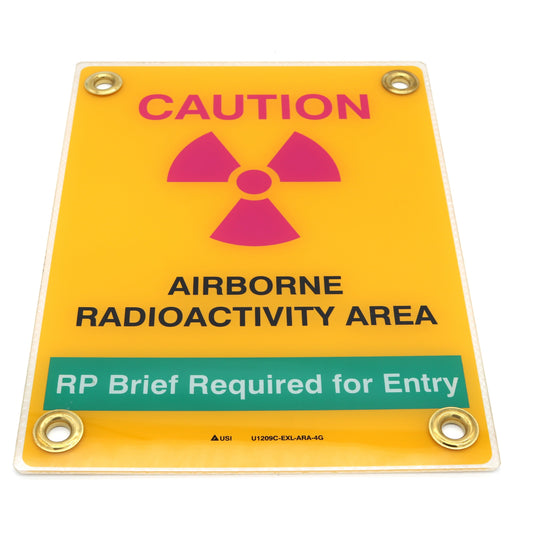 Warning sign indicating 'Caution: Airborne Radioactivity Area' with radiation symbol on a yellow background.