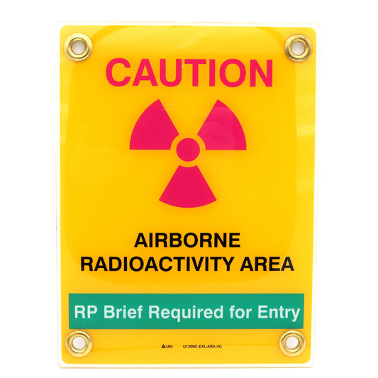 Warning sign indicating 'Caution: Airborne Radioactivity Area' with radiation symbol on a yellow background.