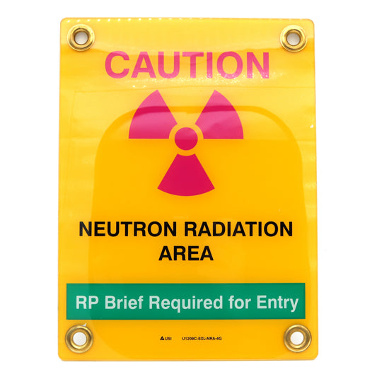 Warning sign indicating neutron radiation area with caution text and radiation symbol.