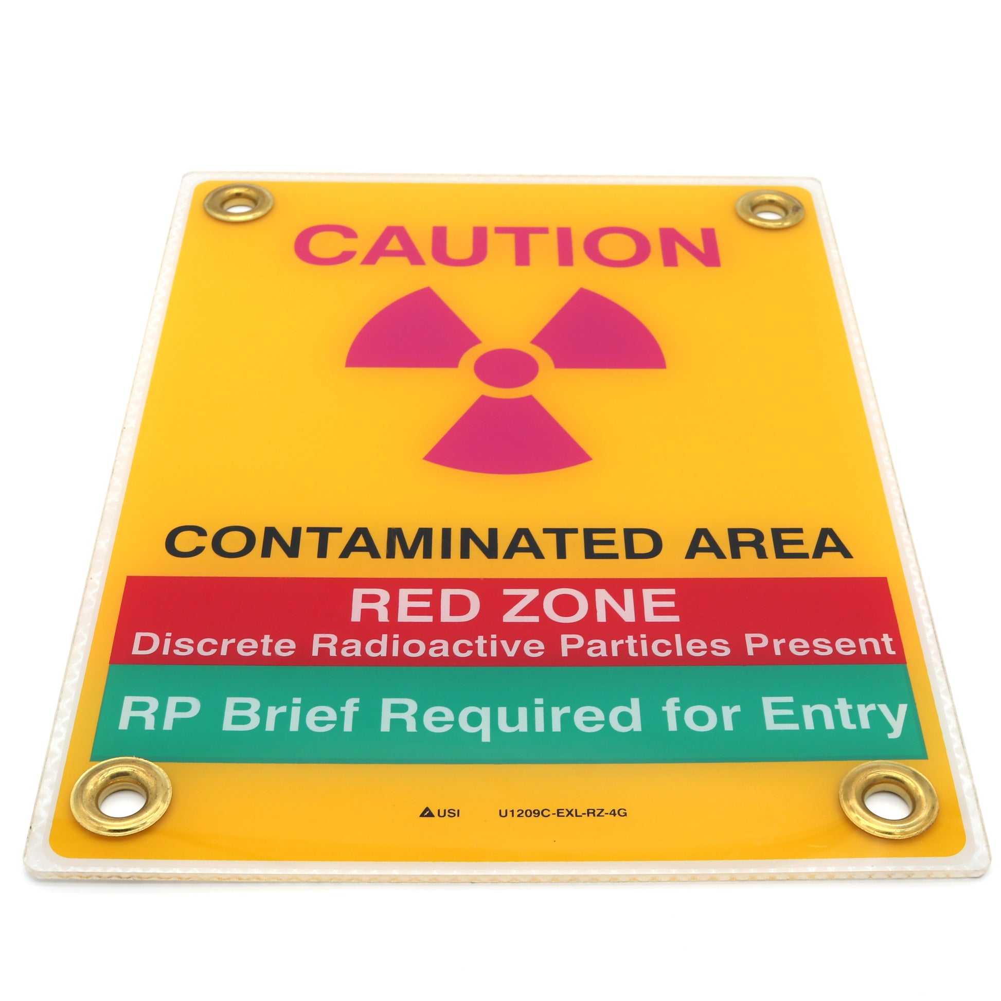 Radiation warning sign with yellow border and red, green, and black text on a white background