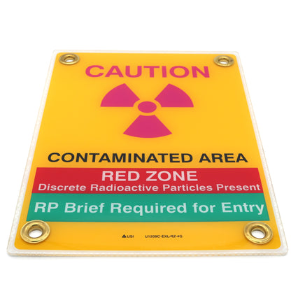 Radiation warning sign with yellow border and red, green, and black text on a white background