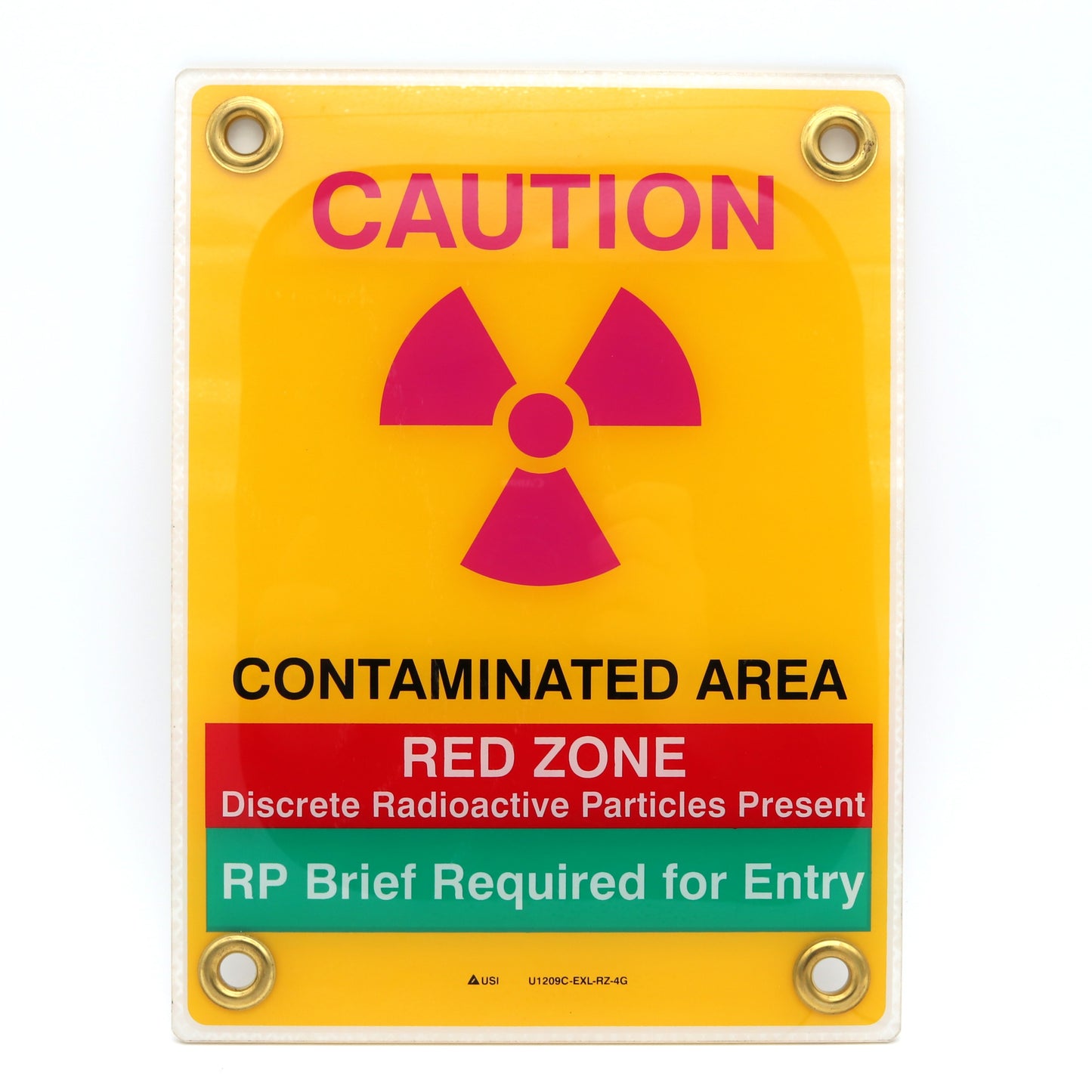 Warning sign indicating a contaminated area with radioactive particles.