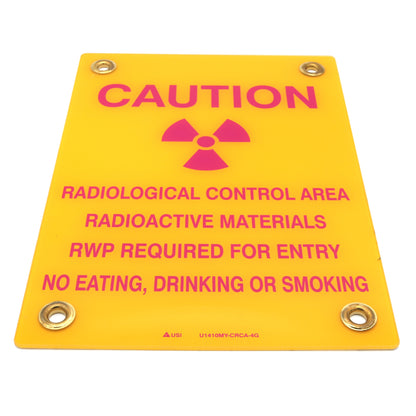 Yellow caution sign with pink text and radiation symbol on a white background