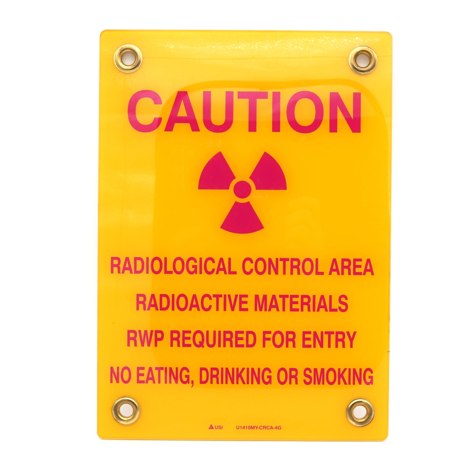 Warning sign with radiation symbol and text on a yellow background